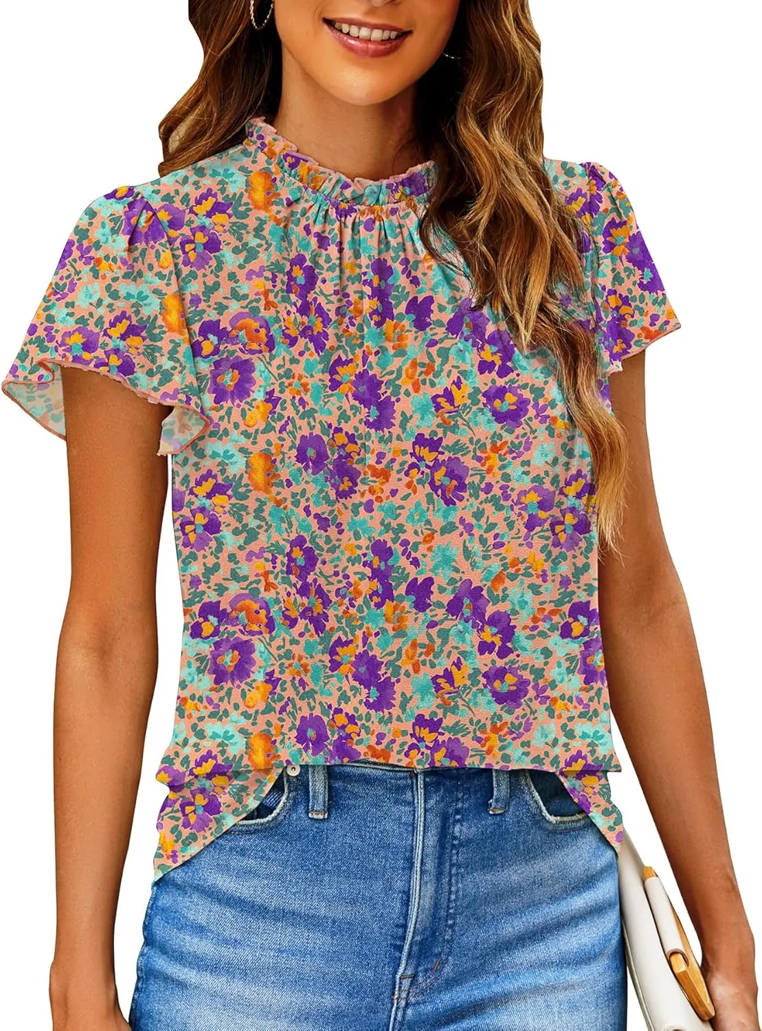 SimpleFun Women Boho Shirts Floral Ruffle Short Sleeve Mock Neck Flowy Casual Summer Blouses Tops
