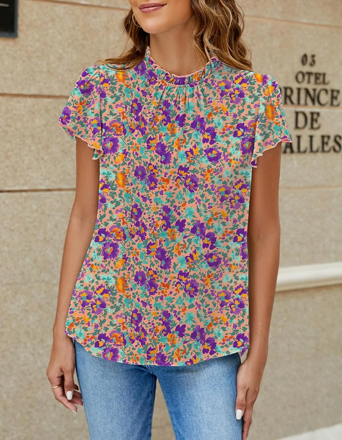 SimpleFun Women Boho Shirts Floral Ruffle Short Sleeve Mock Neck Flowy Casual Summer Blouses Tops