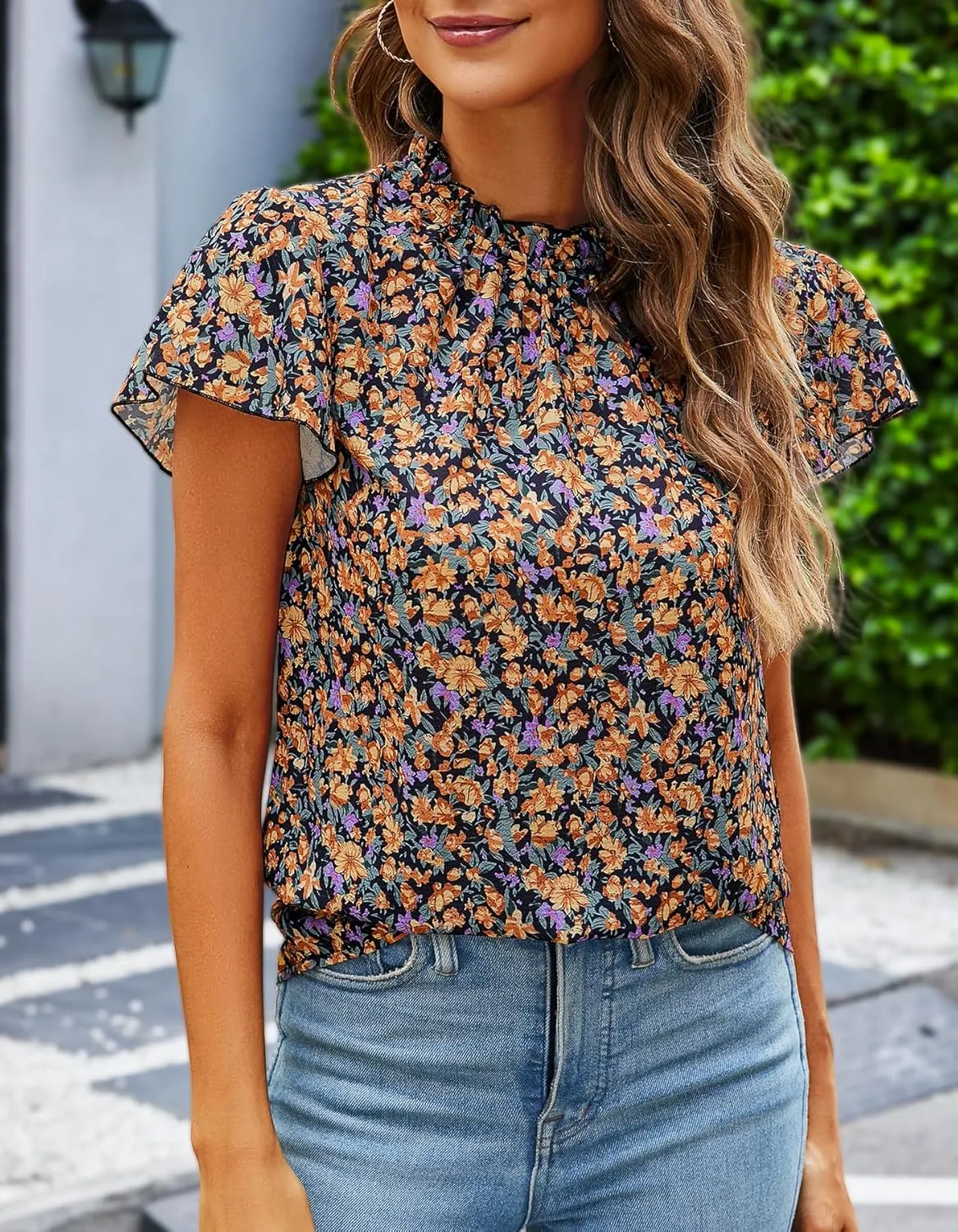SimpleFun Women Boho Shirts Floral Ruffle Short Sleeve Mock Neck Flowy Casual Summer Blouses Tops