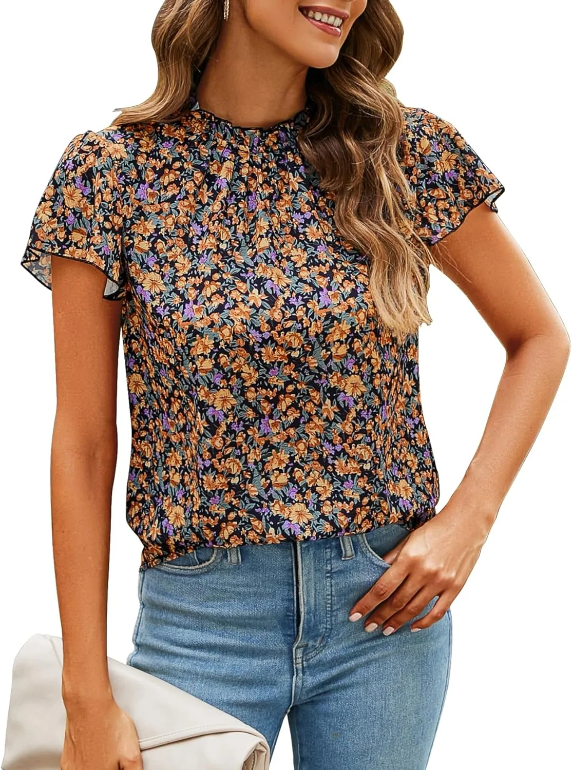 SimpleFun Women Boho Shirts Floral Ruffle Short Sleeve Mock Neck Flowy Casual Summer Blouses Tops