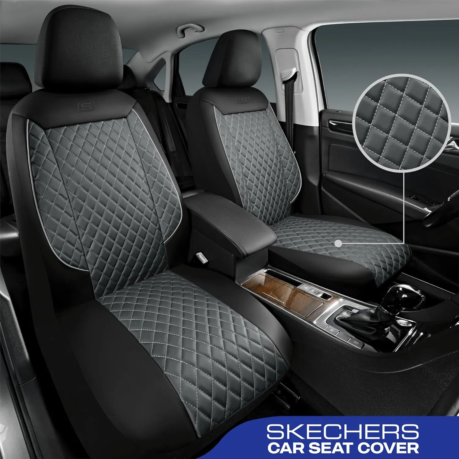 Skechers Car Seat Covers,Piping Luxury Faux Seat Covers,Waterproof Anti Slip Car Seat Protector Full Set,Car Accessories Airbag Universal Fit for Most Cars,Vans,Trucks,SUV,Gray