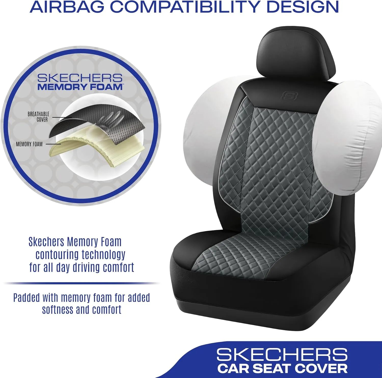 Skechers Car Seat Covers,Piping Luxury Faux Seat Covers,Waterproof Anti Slip Car Seat Protector Full Set,Car Accessories Airbag Universal Fit for Most Cars,Vans,Trucks,SUV,Gray