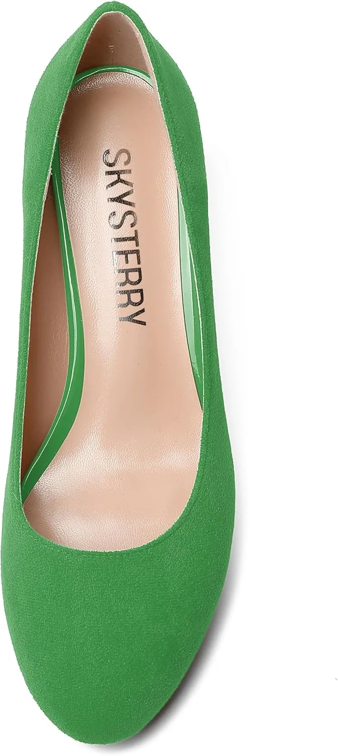 SKYSTERRY Womens Round Toe Fashion Dating Slip On Suede Block Mid Heel Pumps Shoes 2.5 Inch
