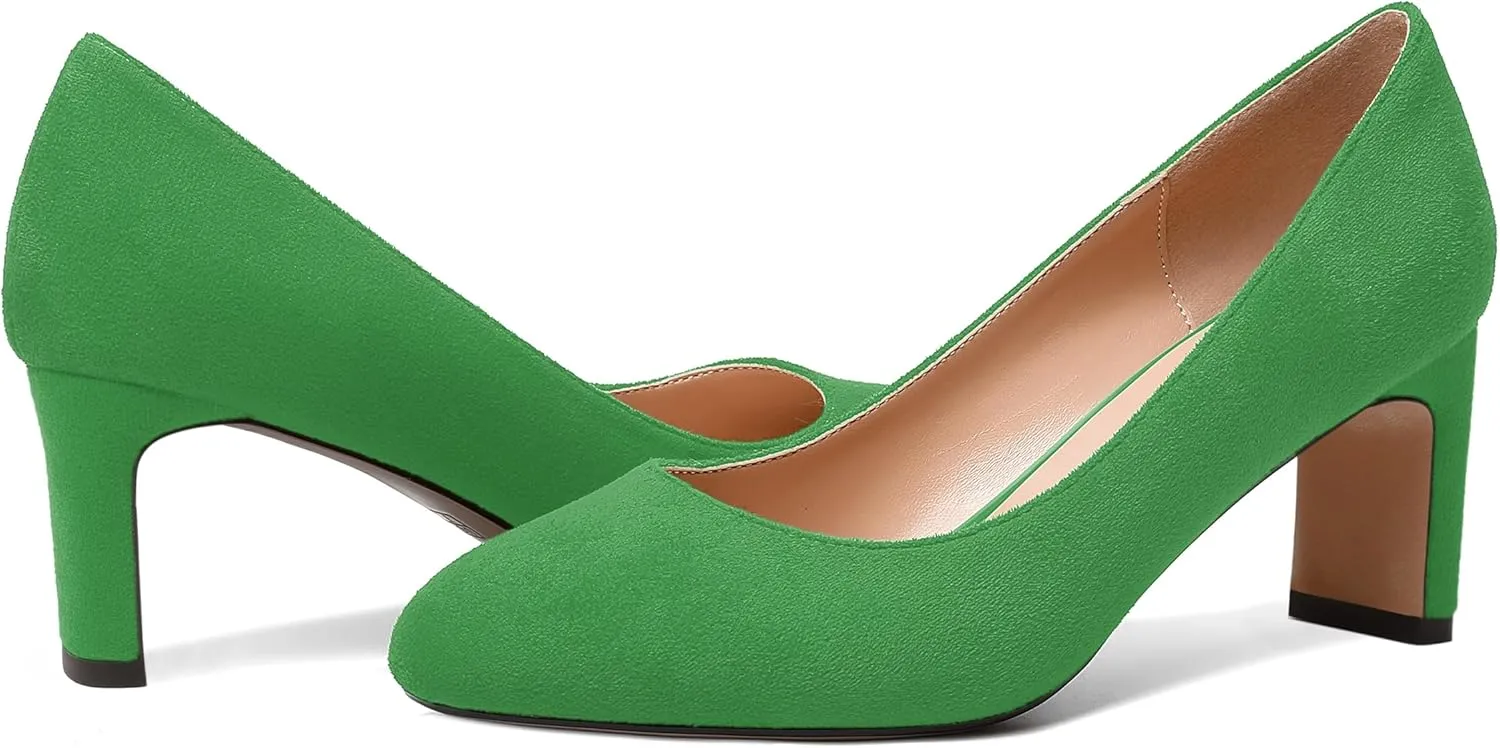SKYSTERRY Womens Round Toe Fashion Dating Slip On Suede Block Mid Heel Pumps Shoes 2.5 Inch