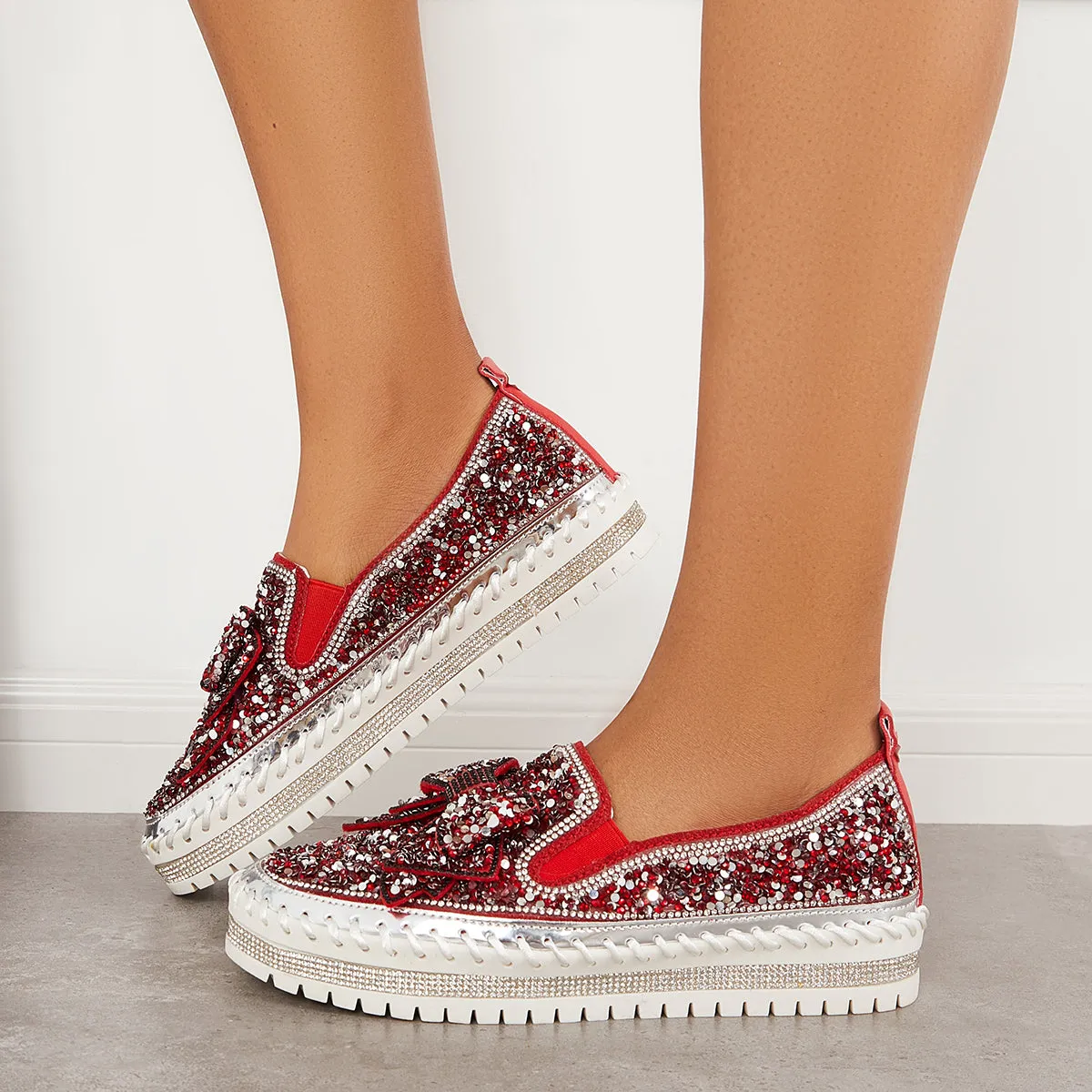 Slip International delivery on Bowknot Glitter Walking Shoes Loafers Platform High-quality