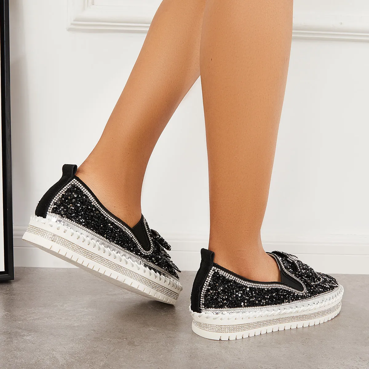 Slip International delivery on Bowknot Glitter Walking Shoes Loafers Platform High-quality