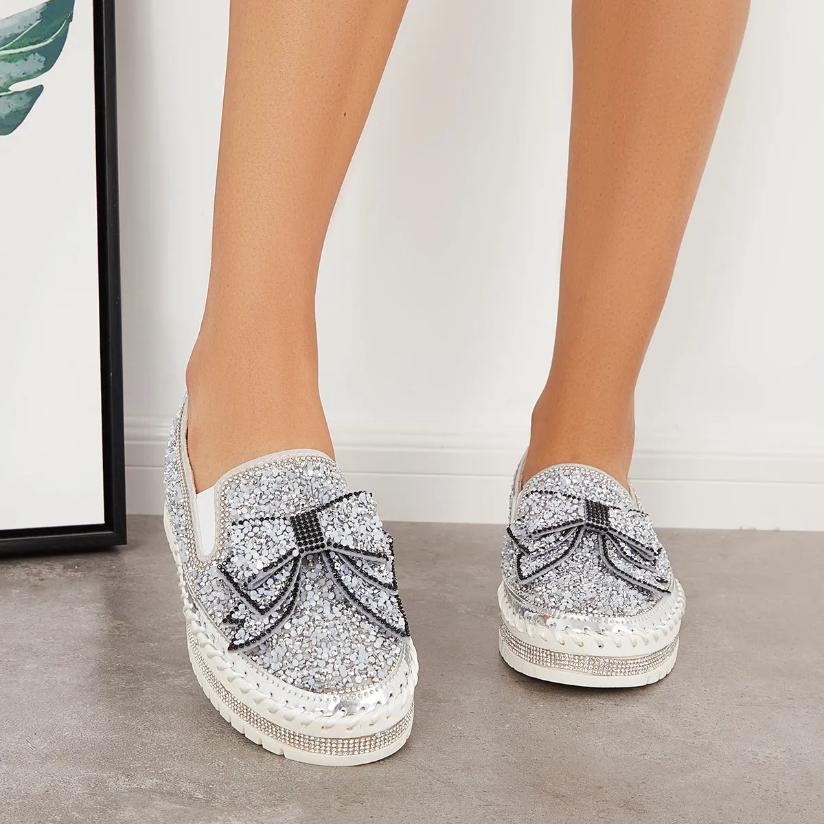 Slip International delivery on Bowknot Glitter Walking Shoes Loafers Platform High-quality