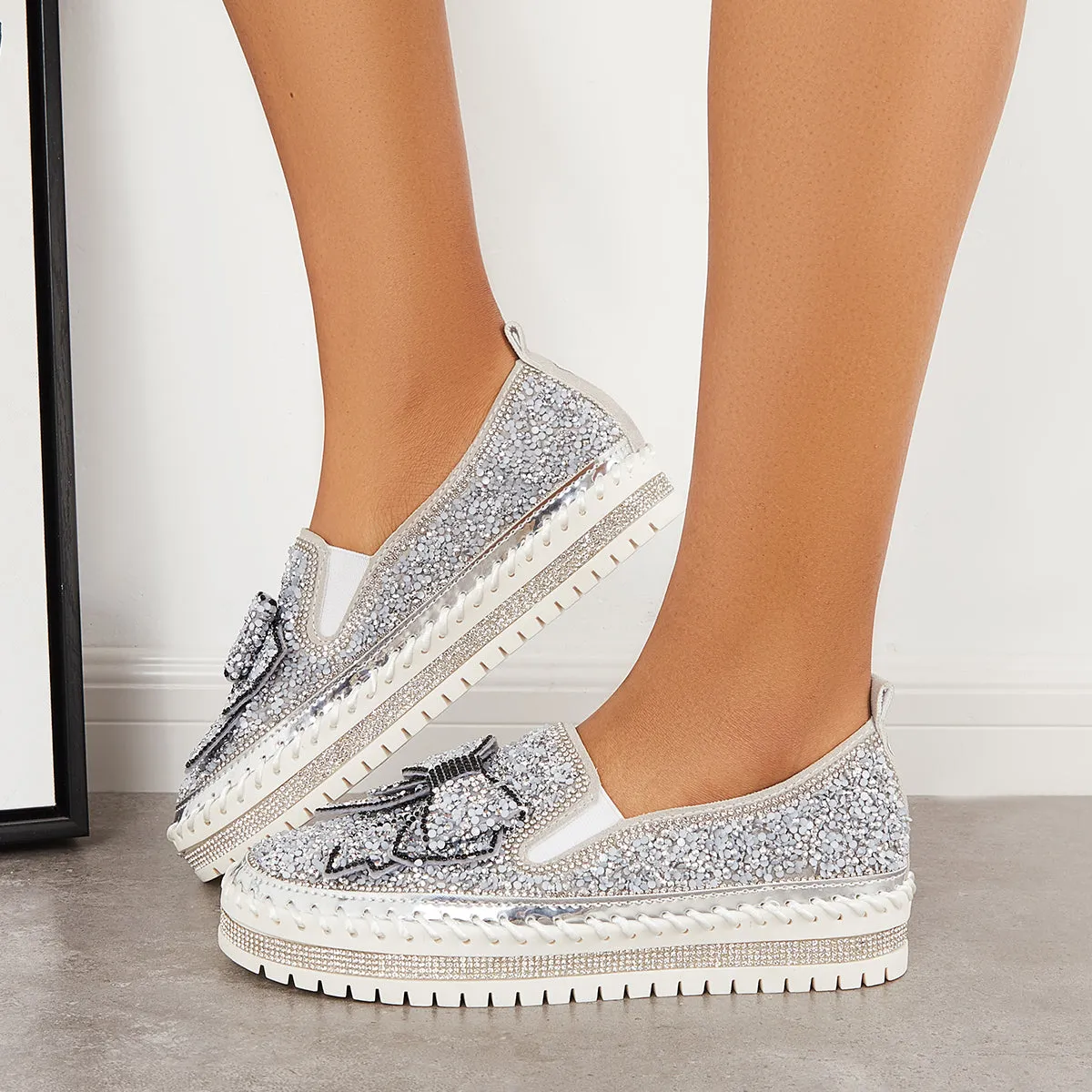 Slip International delivery on Bowknot Glitter Walking Shoes Loafers Platform High-quality
