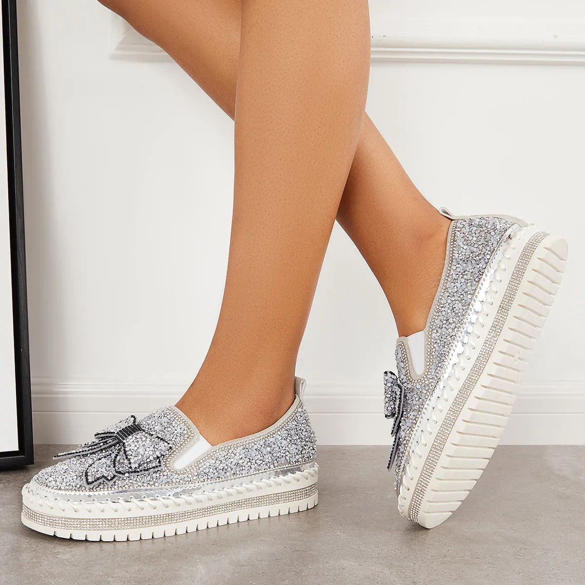 Slip International delivery on Bowknot Glitter Walking Shoes Loafers Platform High-quality