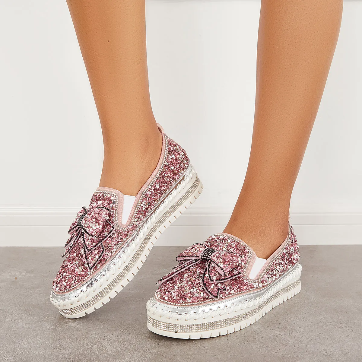 Slip International delivery on Bowknot Glitter Walking Shoes Loafers Platform High-quality