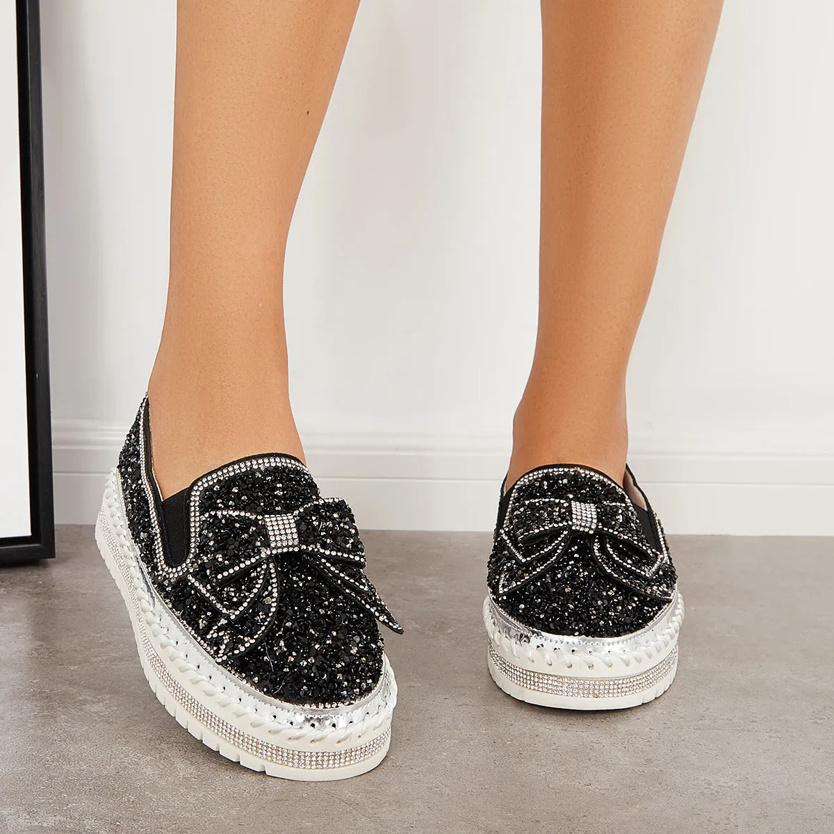 Slip International delivery on Bowknot Glitter Walking Shoes Loafers Platform High-quality