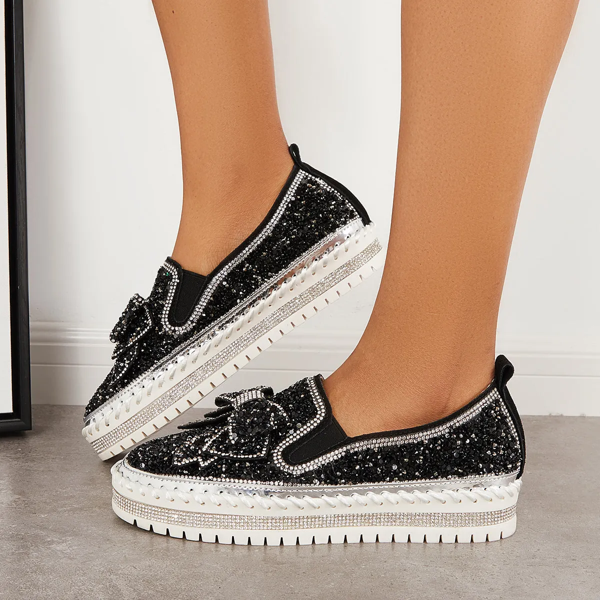 Slip International delivery on Bowknot Glitter Walking Shoes Loafers Platform High-quality