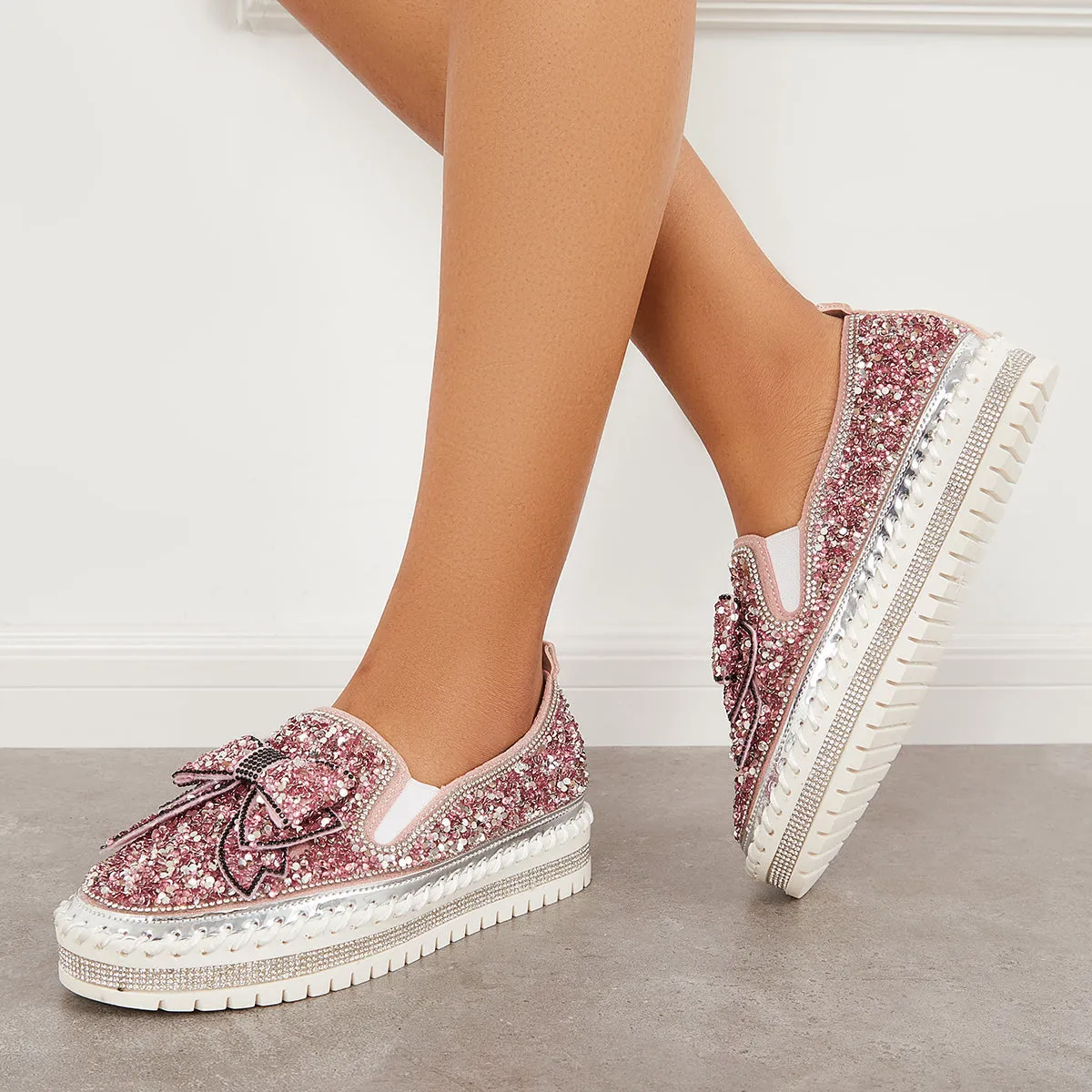 Slip International delivery on Bowknot Glitter Walking Shoes Loafers Platform High-quality