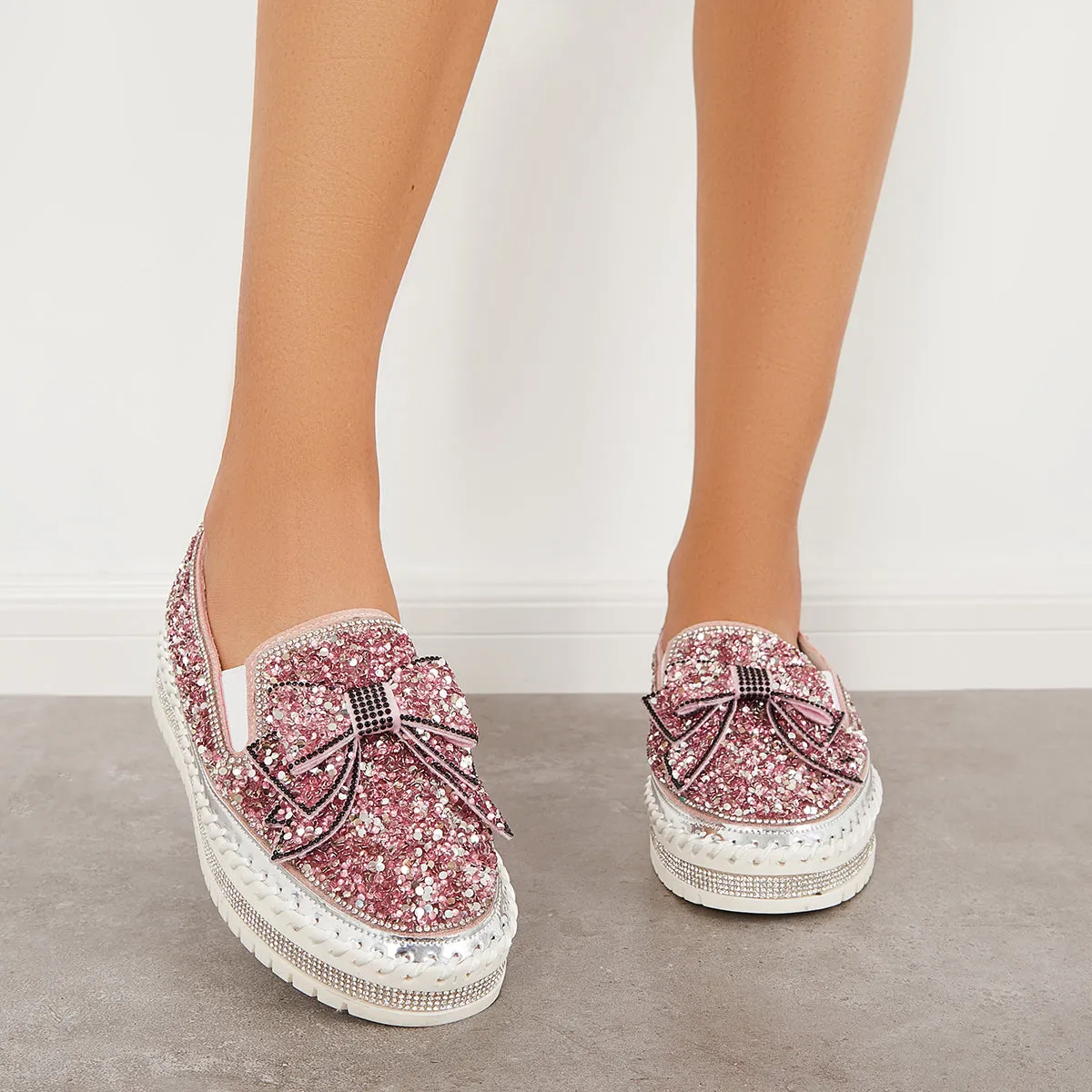 Slip International delivery on Bowknot Glitter Walking Shoes Loafers Platform High-quality