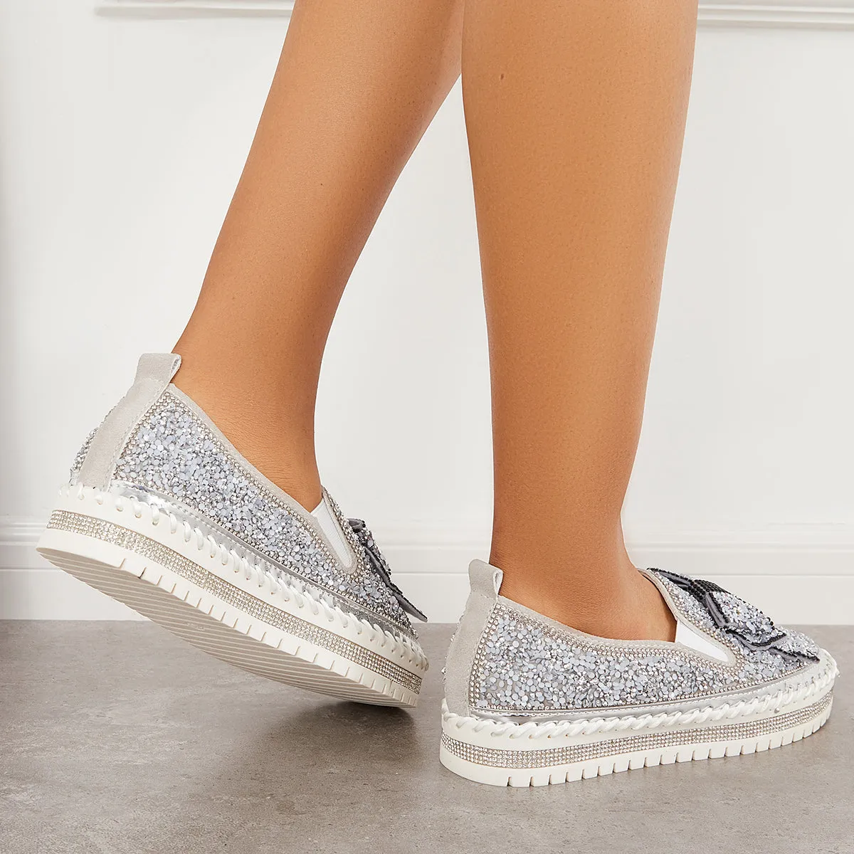 Slip International delivery on Bowknot Glitter Walking Shoes Loafers Platform High-quality