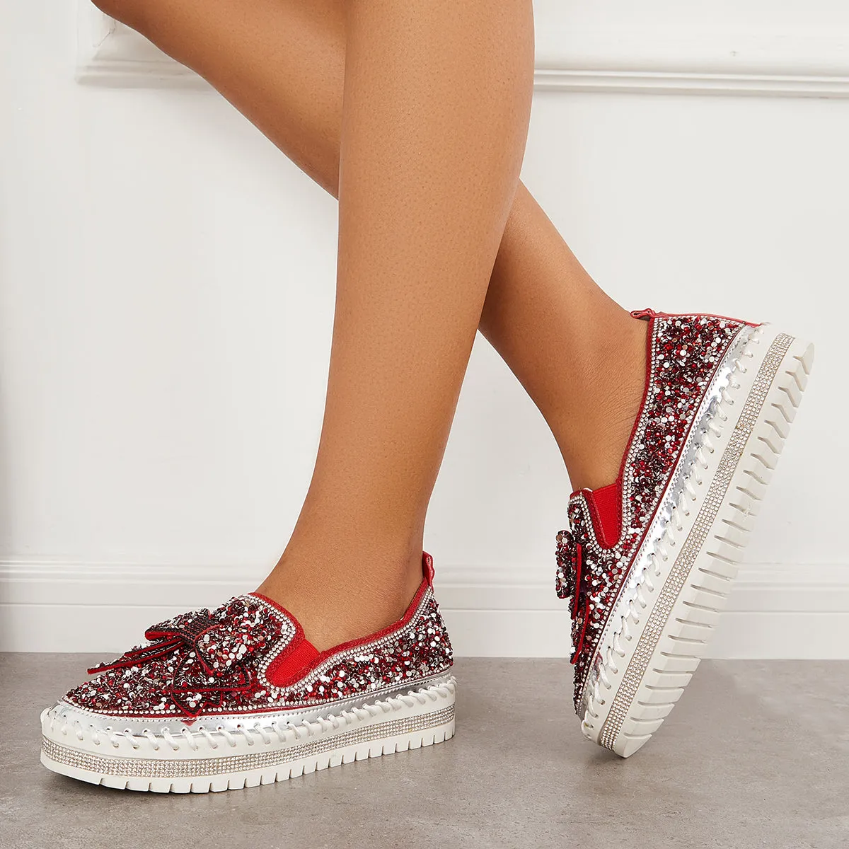 Slip International delivery on Bowknot Glitter Walking Shoes Loafers Platform High-quality