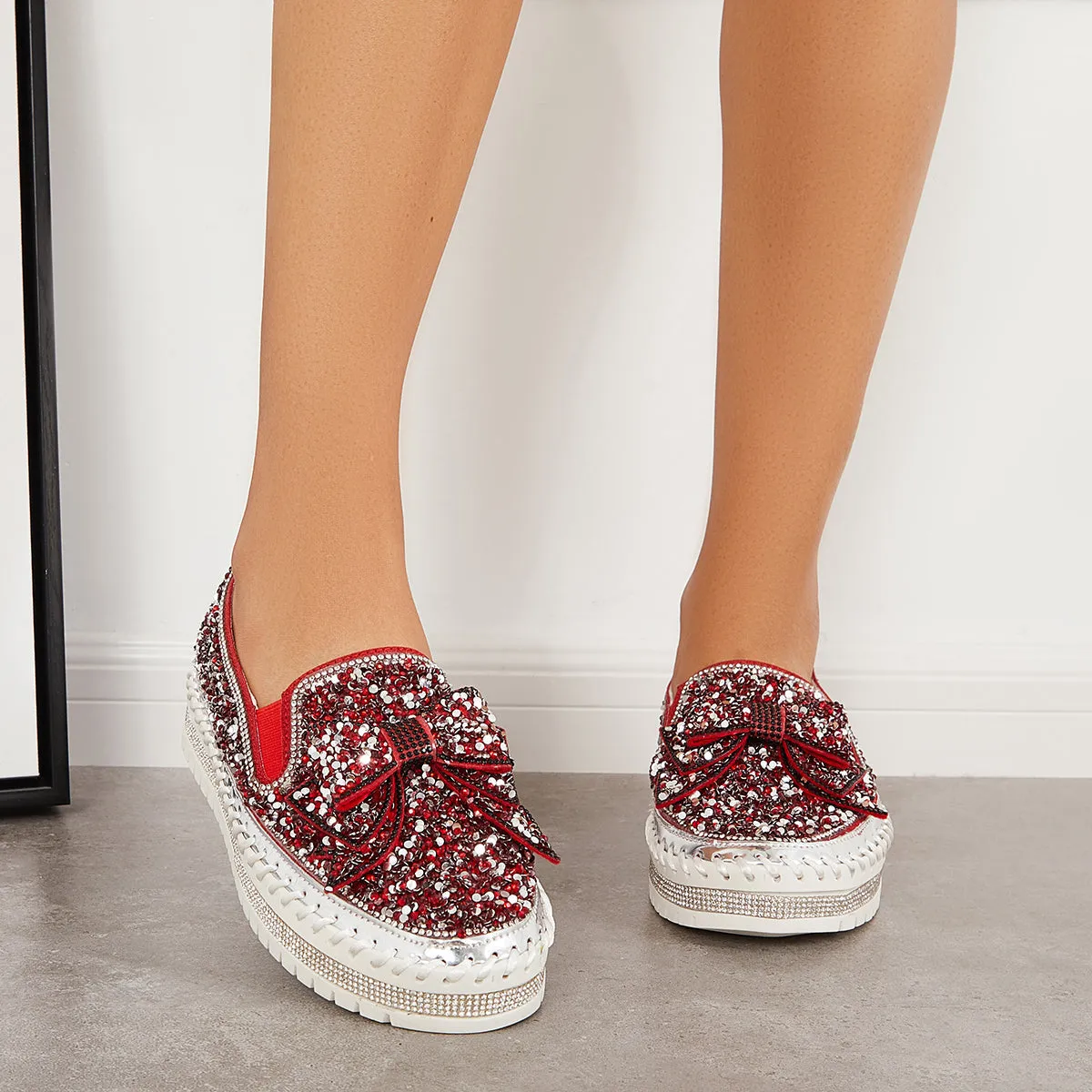 Slip International delivery on Bowknot Glitter Walking Shoes Loafers Platform High-quality