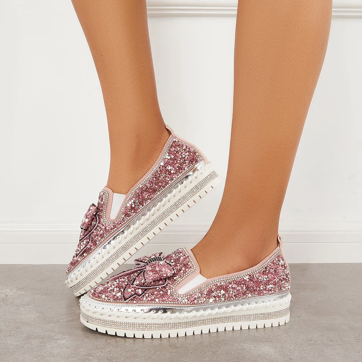 Slip International delivery on Bowknot Glitter Walking Shoes Loafers Platform High-quality