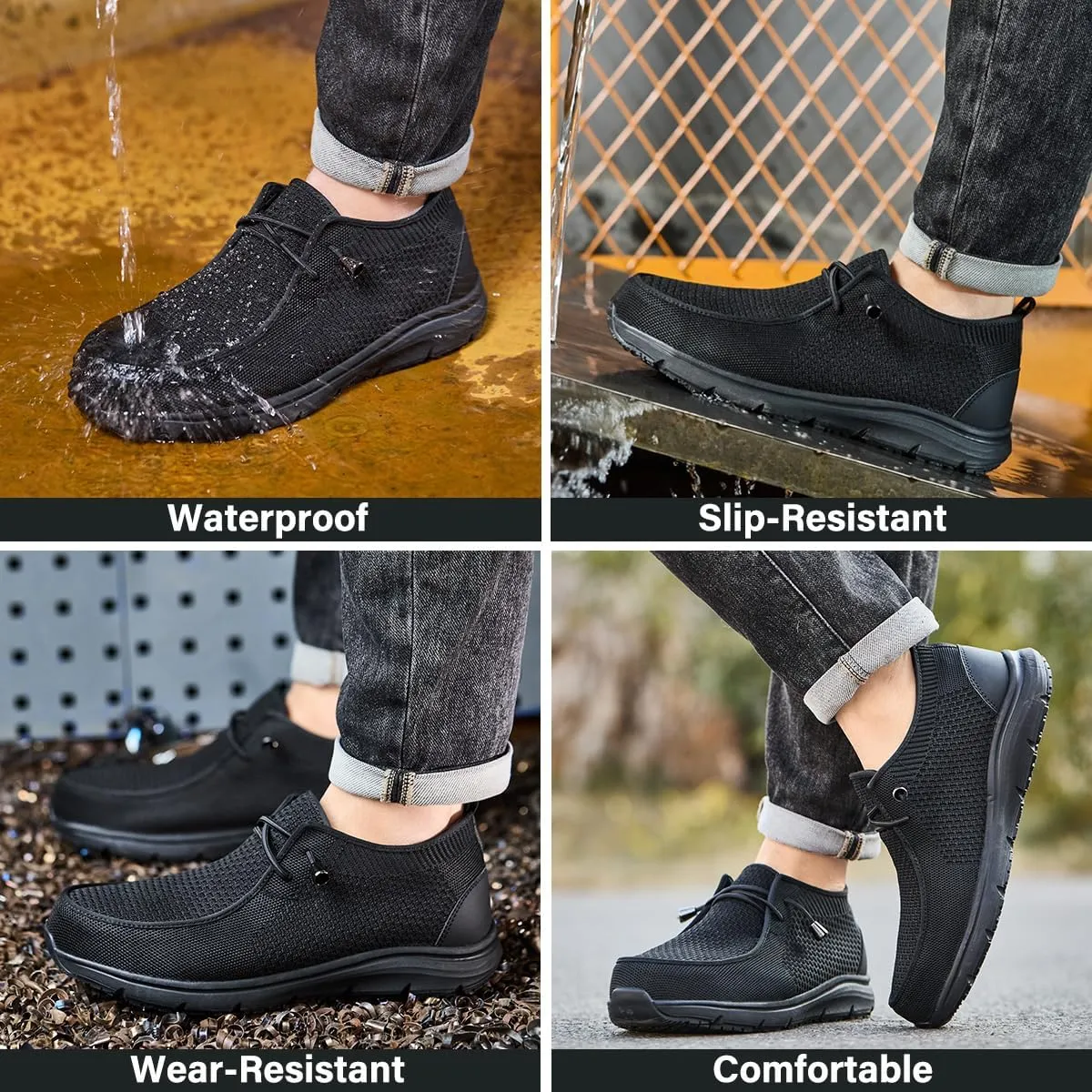 Slip On Steel Toe Shoes Men Women Waterproof Non Slip Lightweight Comfortable Walking Loafers No-Laces