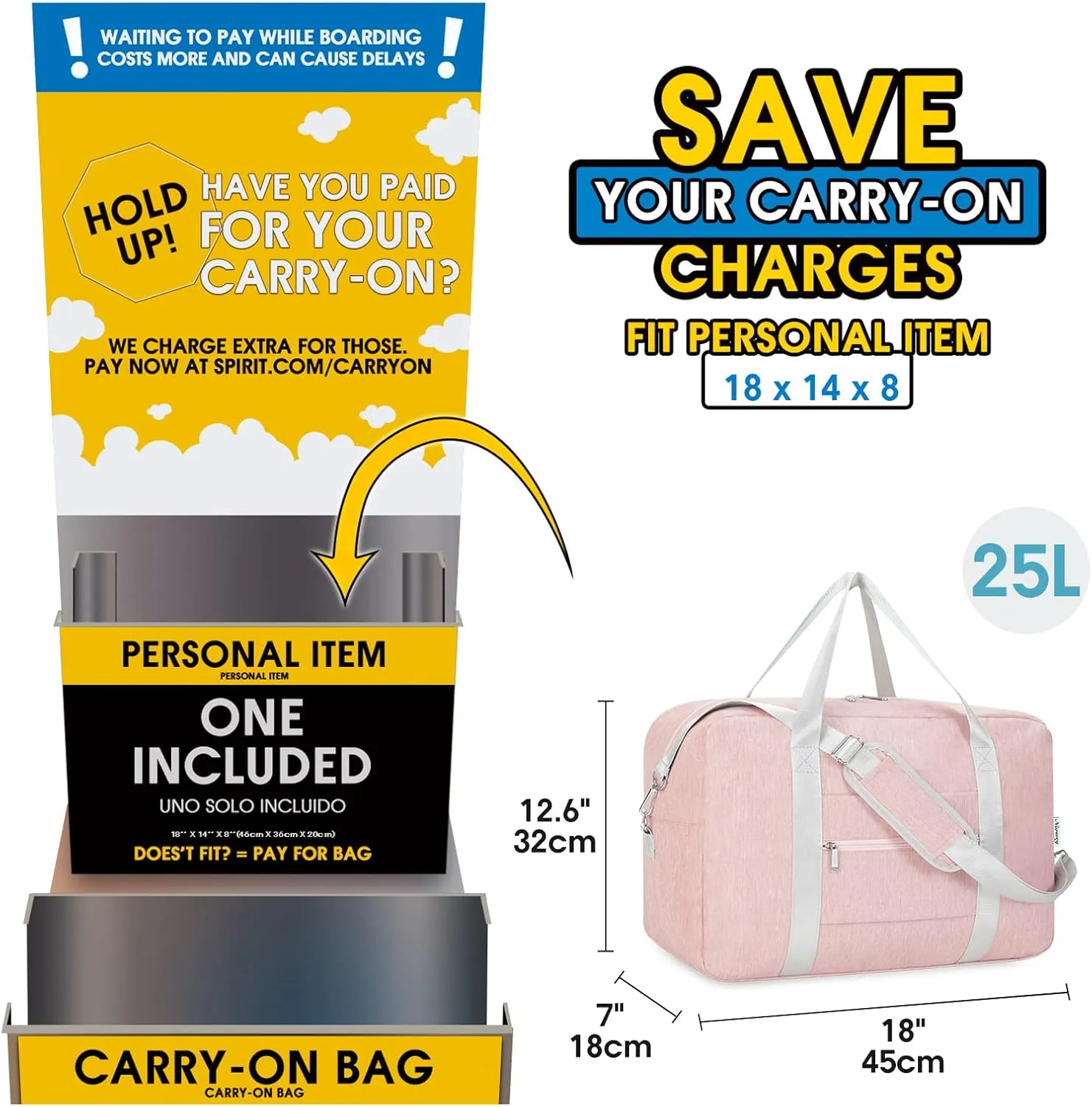 Small Carry On Bag For Spirit Airlines Personal Item Bag 18x14x8 Foldable Travel Duffel Bag Underseat Carry on Luggage for Women and Men 25L (Pink)