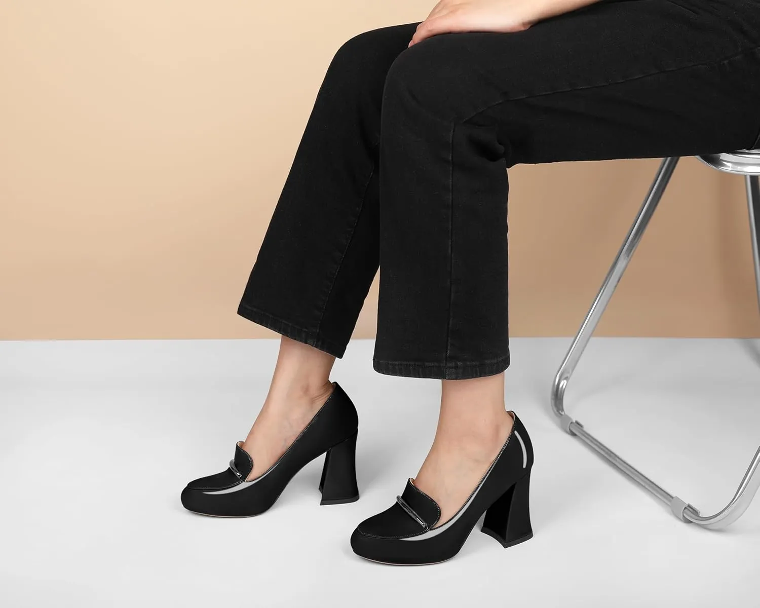 Soireelady Women Chunky Heel Pumps Block High Heel Slip On Closed Round Toe Loafer Heel Dress Shoes Work Casual Daily Patent Leather 3.5 Inches