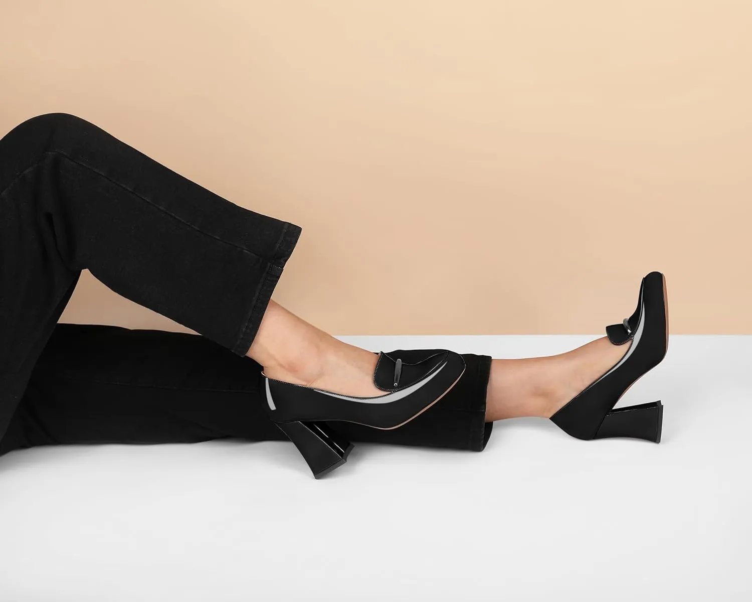 Soireelady Women Chunky Heel Pumps Block High Heel Slip On Closed Round Toe Loafer Heel Dress Shoes Work Casual Daily Patent Leather 3.5 Inches