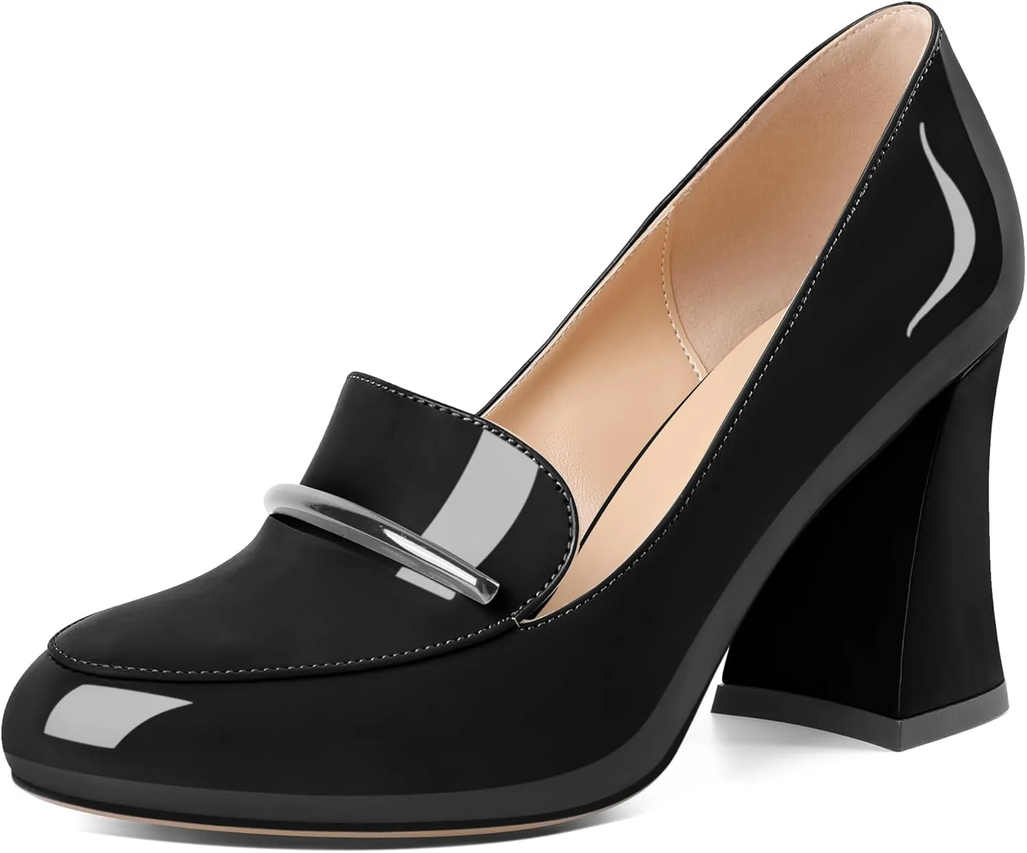 Soireelady Women Chunky Heel Pumps Block High Heel Slip On Closed Round Toe Loafer Heel Dress Shoes Work Casual Daily Patent Leather 3.5 Inches