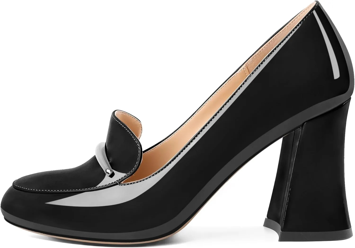 Soireelady Women Chunky Heel Pumps Block High Heel Slip On Closed Round Toe Loafer Heel Dress Shoes Work Casual Daily Patent Leather 3.5 Inches