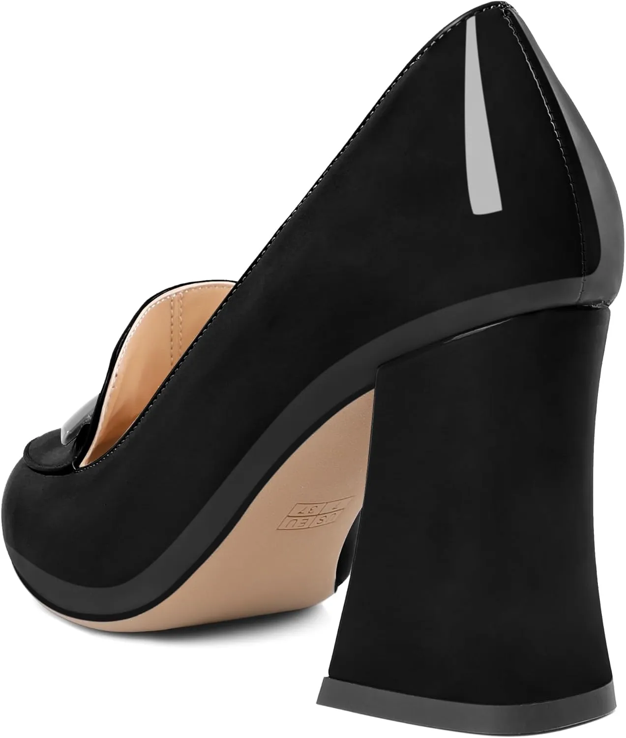 Soireelady Women Chunky Heel Pumps Block High Heel Slip On Closed Round Toe Loafer Heel Dress Shoes Work Casual Daily Patent Leather 3.5 Inches