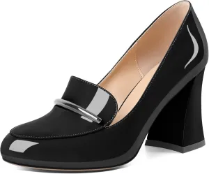 Soireelady Women Chunky Heel Pumps Block High Heel Slip On Closed Round Toe Loafer Heel Dress Shoes Work Casual Daily Patent Leather 3.5 Inches