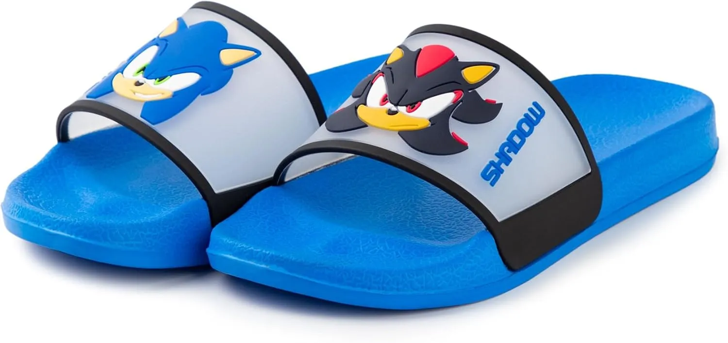 Sonic The Hedgehog Kids Blue Sliders | Casual Footwear Featuring Sonic & Shadow | Character Faces Cartoon Slip-On Shoes