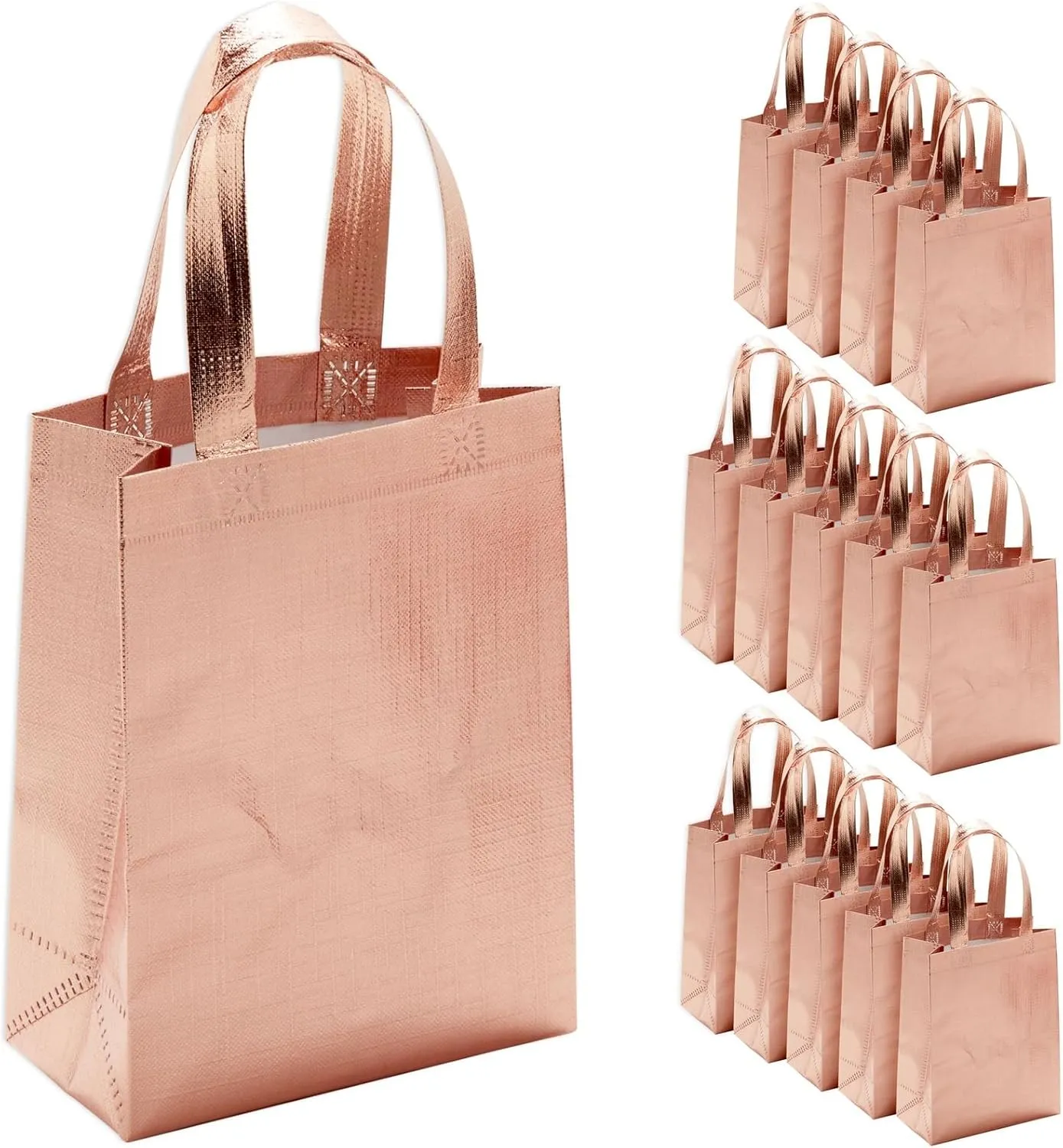 Sparkle and Bash 20 Pack Reusable Rose Gold Party Bags for Bridesmaid, Bachelorette & Birthday Gifts - Non-Woven Shopping Tote Rose Gold Reusable Bags with Handles - 10x4x8 In