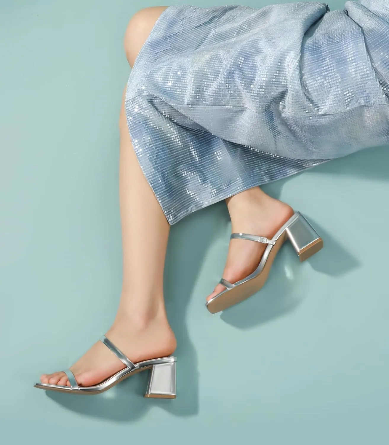 Square Toe Heeled Sandals for Women - Women's Low Block Heels Sandals - 2.25IN Open Toe Ankle Strap Chunky Heels - Slip on Heeled Sandal Mule- Nude Black Strappy Heels for Party Wedding Dress Shoes