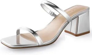 Square Toe Heeled Sandals for Women - Women's Low Block Heels Sandals - 2.25IN Open Toe Ankle Strap Chunky Heels - Slip on Heeled Sandal Mule- Nude Black Strappy Heels for Party Wedding Dress Shoes
