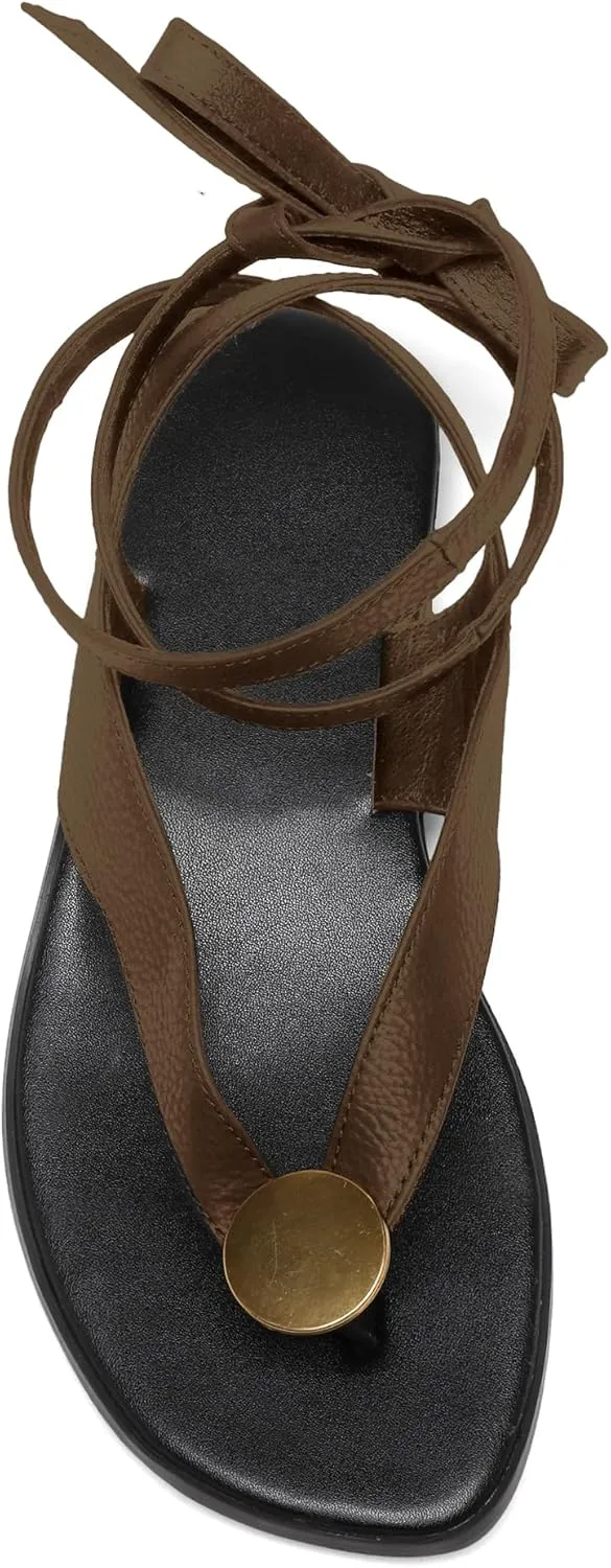 Strap Flip Flop Flat Sandals for Women with Metal Circular Ankle Strappy Ladies Fashion Cute Summer Thong Sandals Dressy.