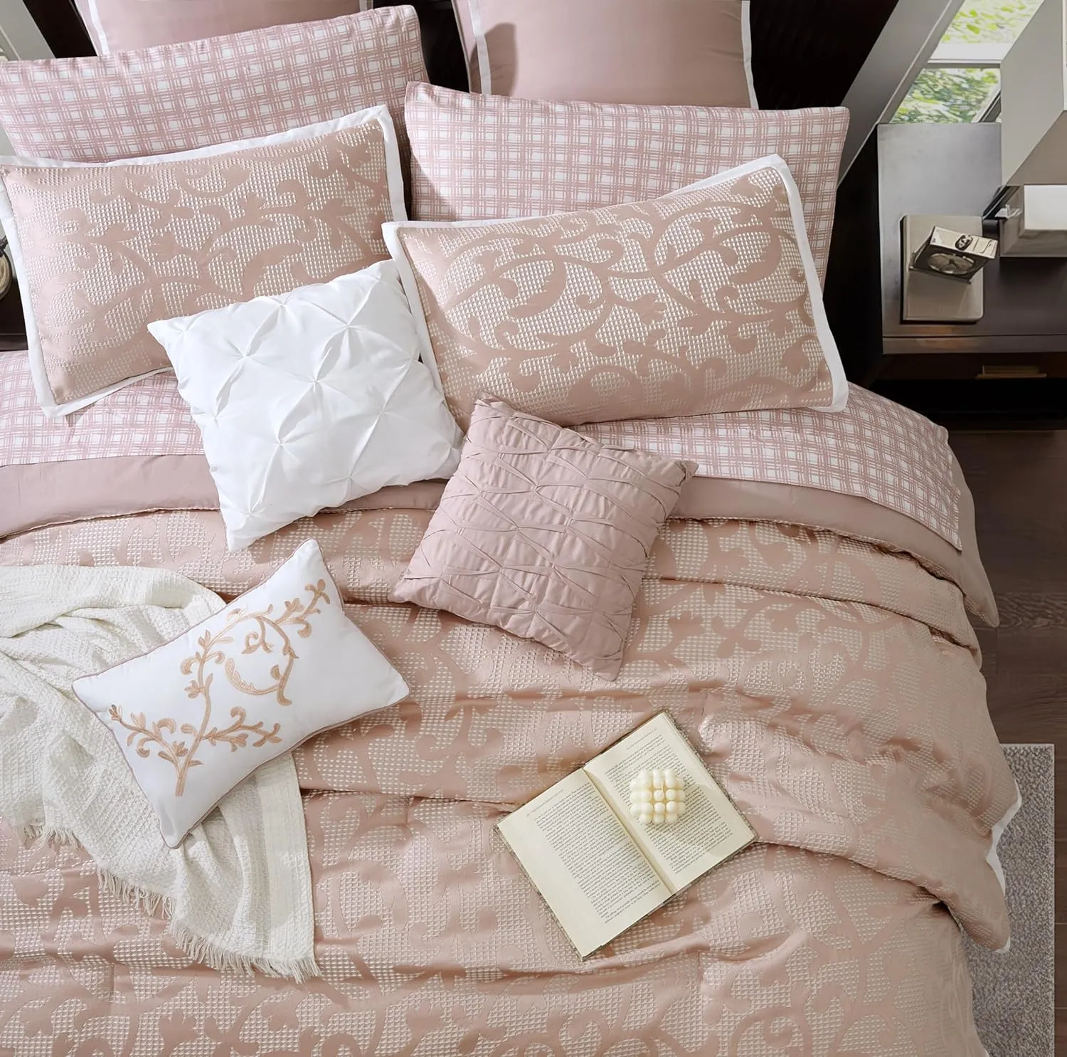 Stratford Park Blush Paisley Comforter Set King Size, 14 Piece, Jacquard Bedding Sets & Collections,1 Flat Sheet,1 Fitted Sheet, Pillow Shams Bedskirt