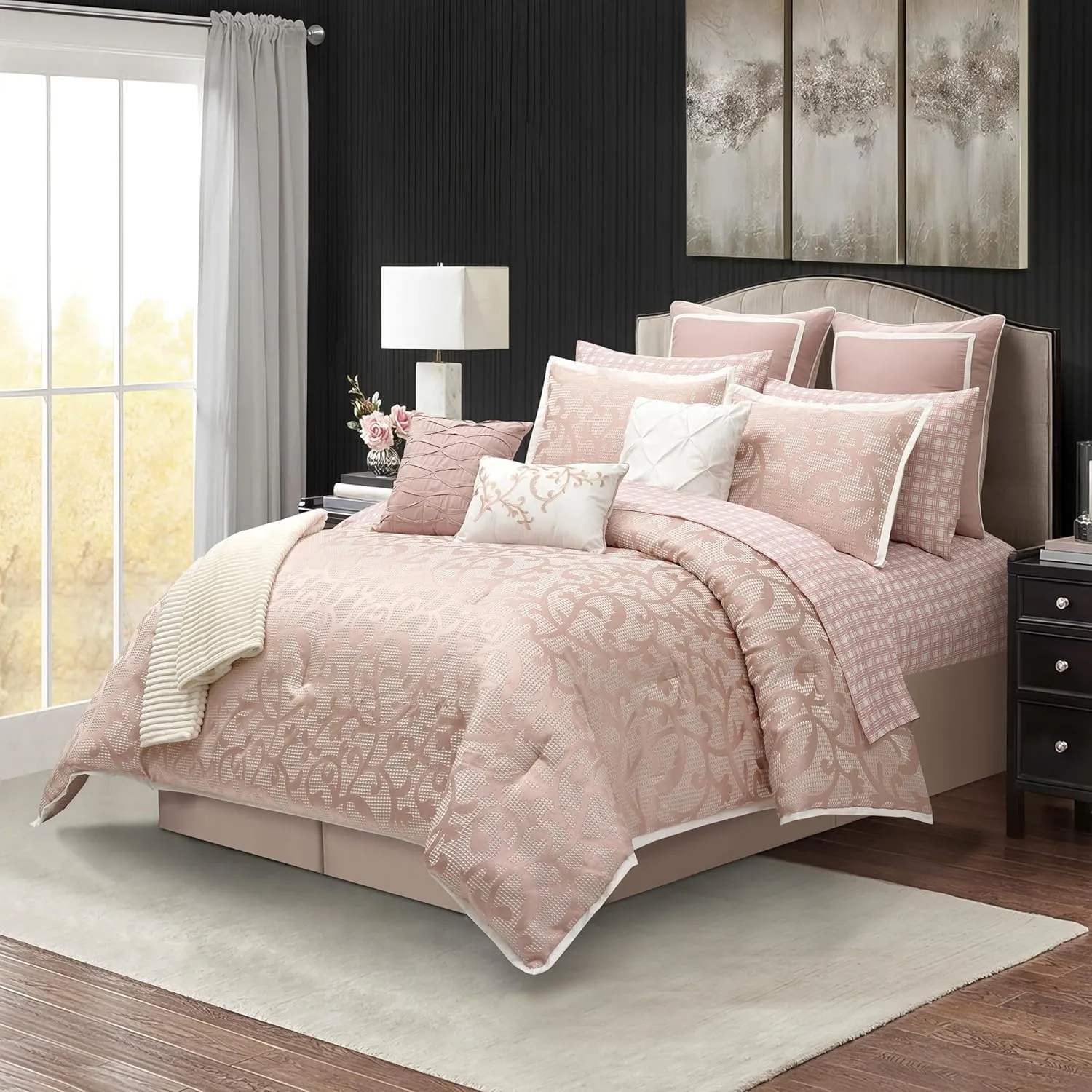 Stratford Park Blush Paisley Comforter Set King Size, 14 Piece, Jacquard Bedding Sets & Collections,1 Flat Sheet,1 Fitted Sheet, Pillow Shams Bedskirt