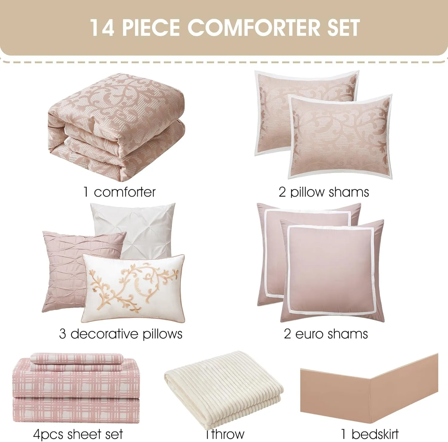 Stratford Park Blush Paisley Comforter Set King Size, 14 Piece, Jacquard Bedding Sets & Collections,1 Flat Sheet,1 Fitted Sheet, Pillow Shams Bedskirt