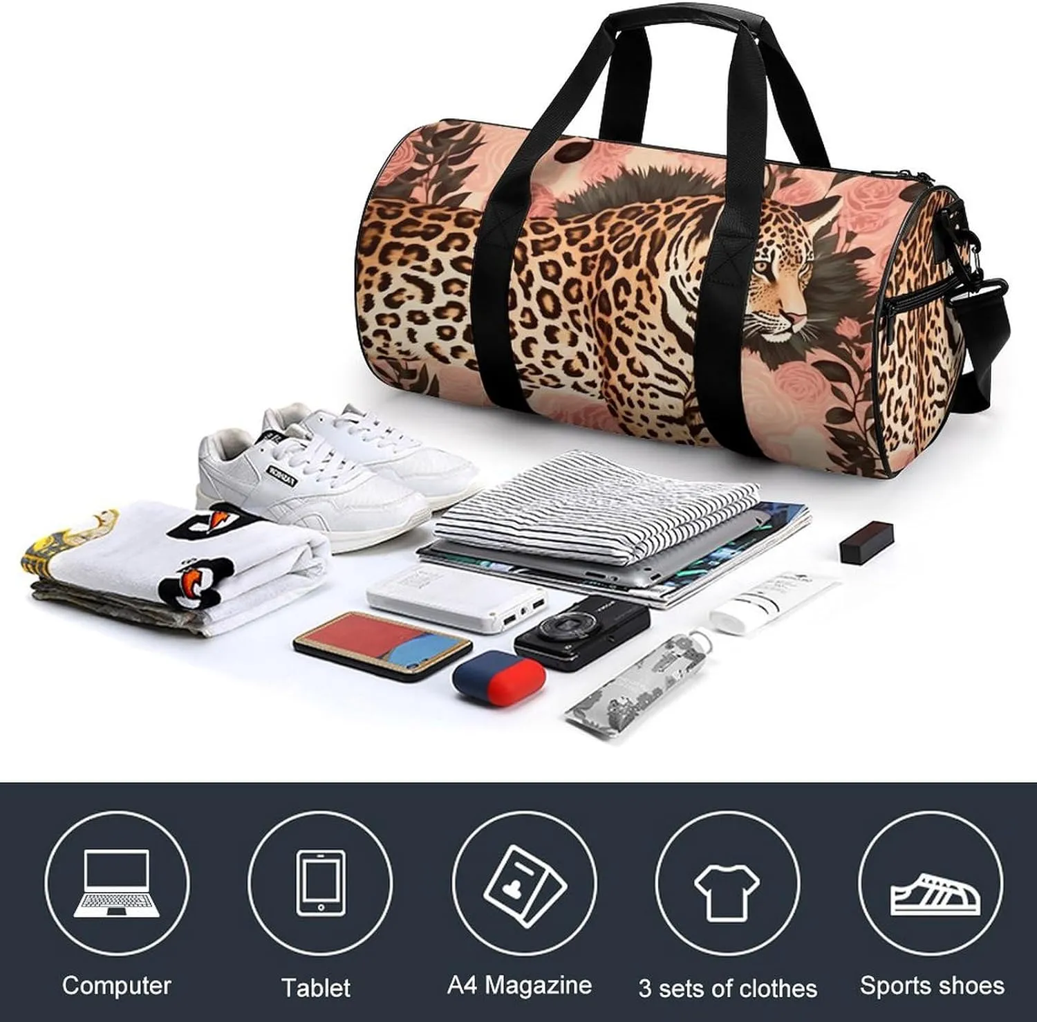 Striped Leopard Duffel Bag for Men Women Gym Bag Sports Small Overnight Bag for Travel Weekender