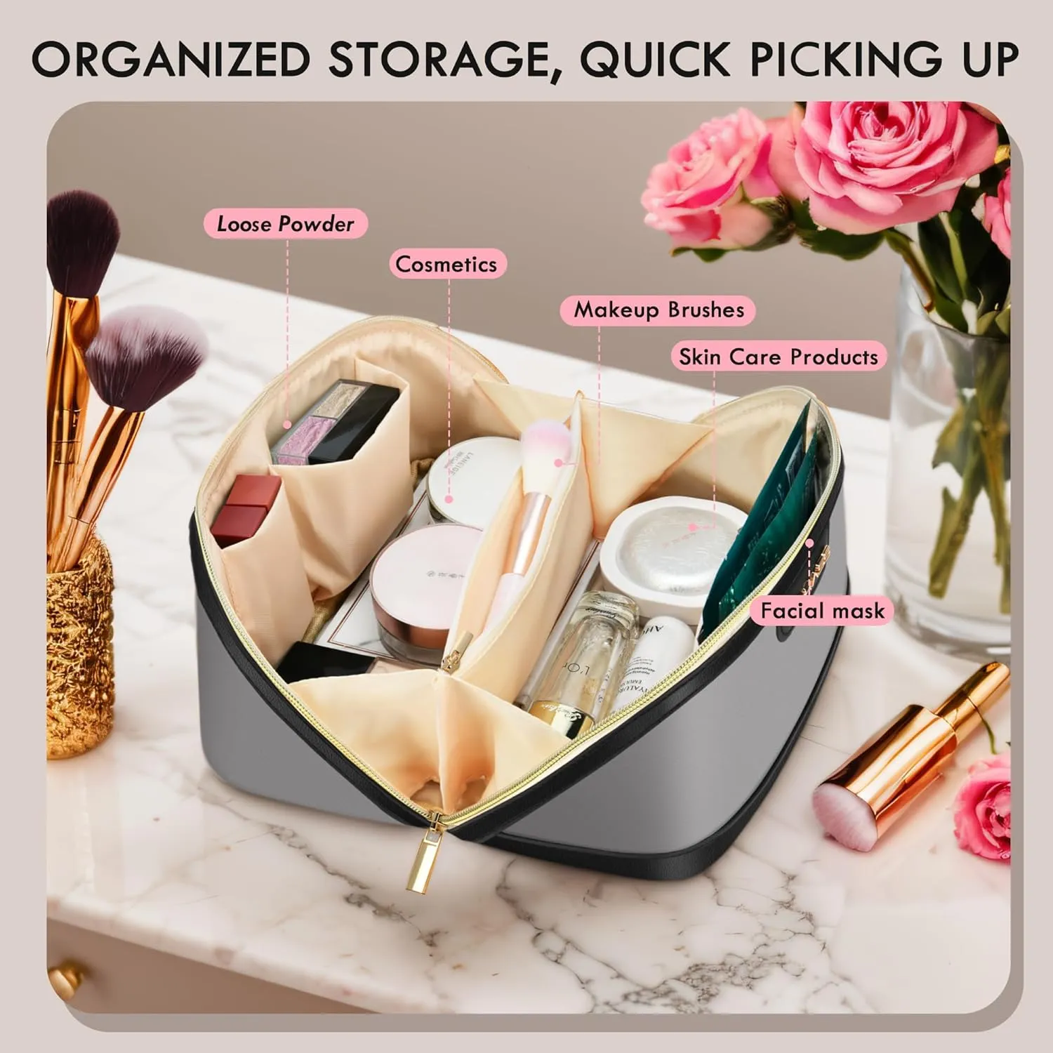 Stylish Travel Makeup Bag for Women - Large Capacity Waterproof PU & Cosmetic Organizer with Divider and Handle, Open Flat Toiletry Bag, Spring Break Essentials & Travel Accessories - Pink