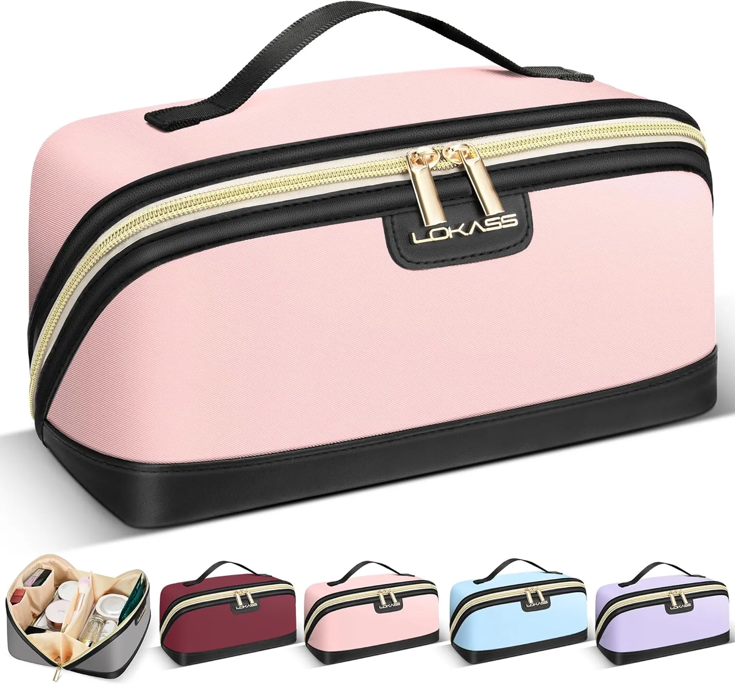 Stylish Travel Makeup Bag for Women - Large Capacity Waterproof PU & Cosmetic Organizer with Divider and Handle, Open Flat Toiletry Bag, Spring Break Essentials & Travel Accessories - Pink