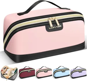 Stylish Travel Makeup Bag for Women - Large Capacity Waterproof PU & Cosmetic Organizer with Divider and Handle, Open Flat Toiletry Bag, Spring Break Essentials & Travel Accessories - Pink