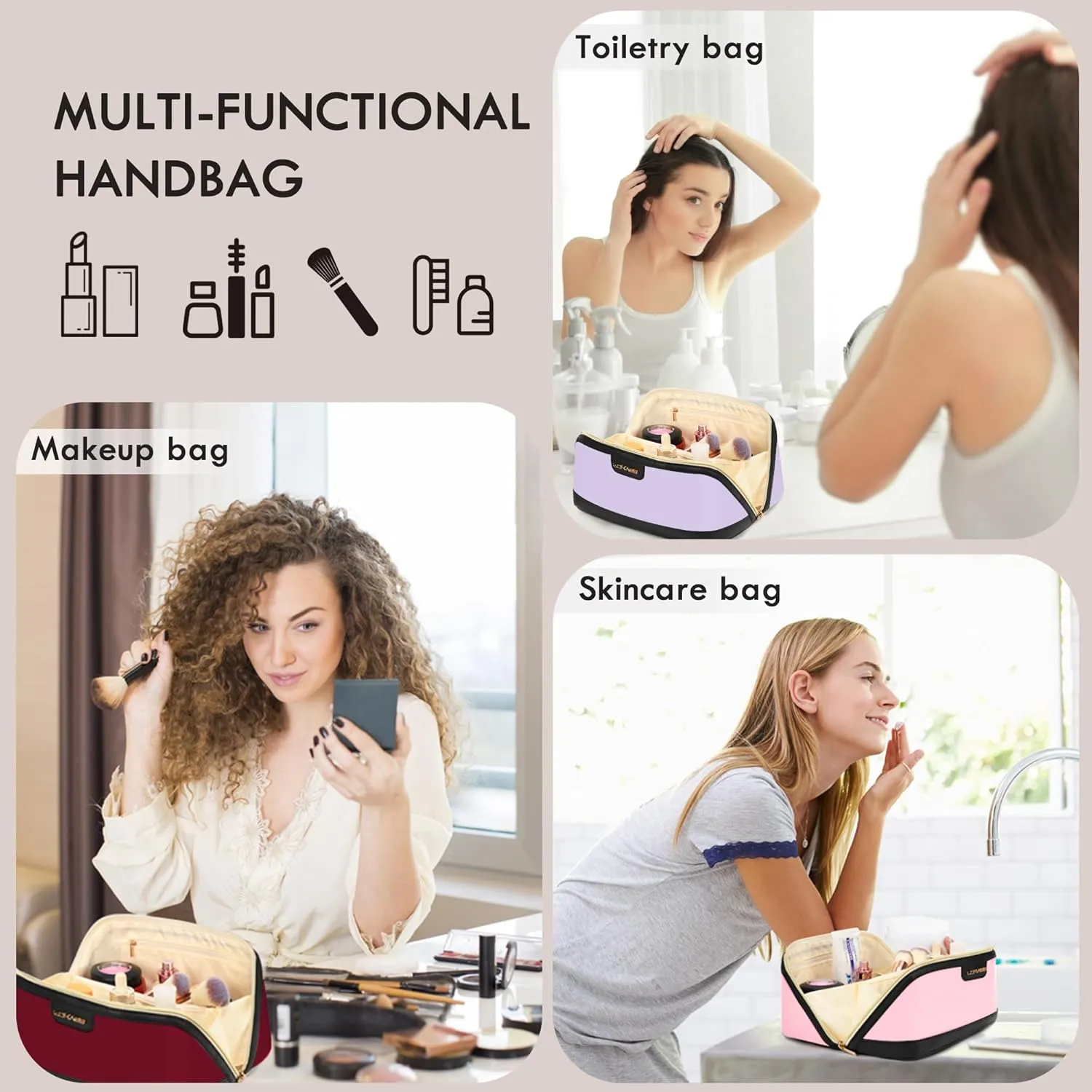 Stylish Travel Makeup Bag for Women - Large Capacity Waterproof PU & Cosmetic Organizer with Divider and Handle, Open Flat Toiletry Bag, Spring Break Essentials & Travel Accessories - Pink