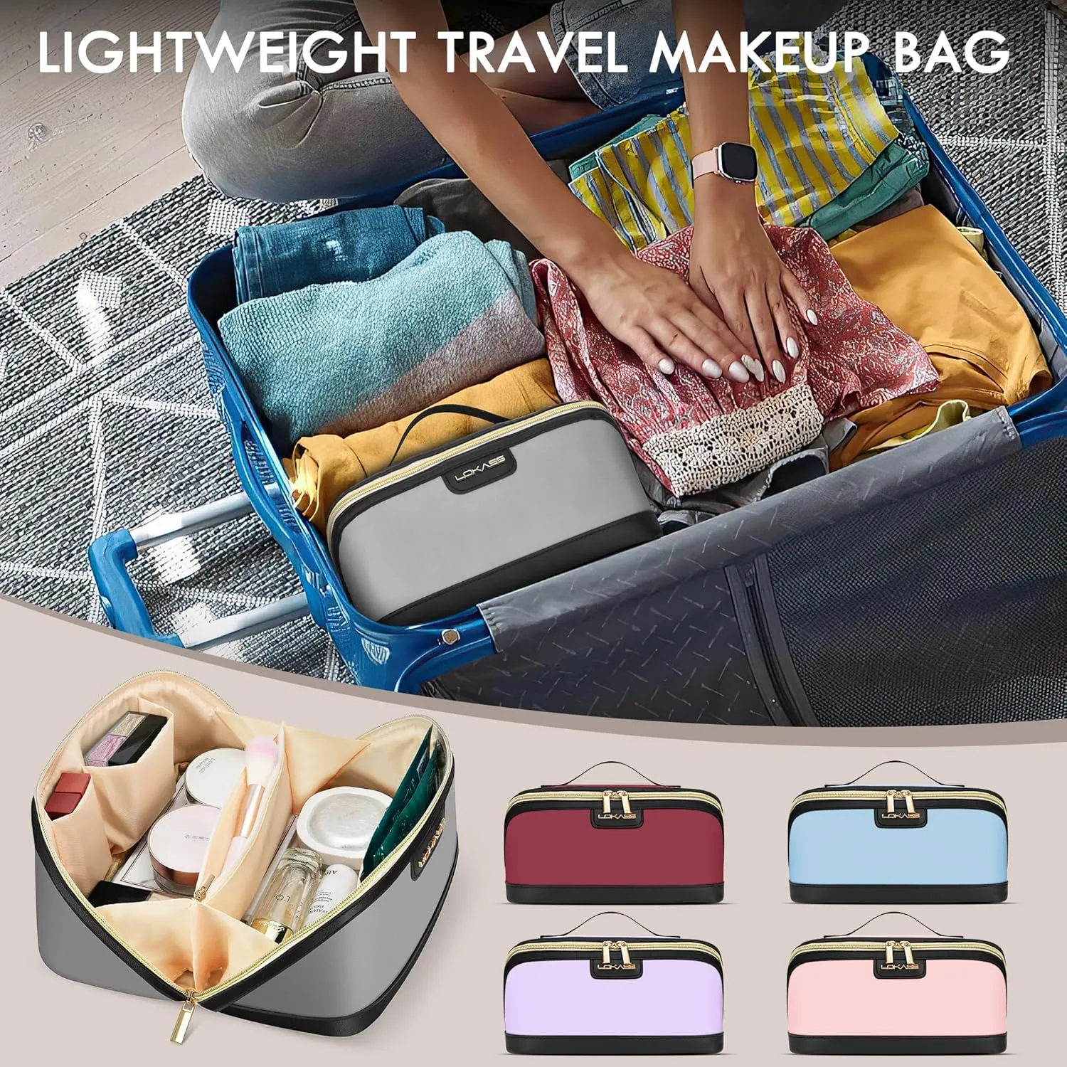 Stylish Travel Makeup Bag for Women - Large Capacity Waterproof PU & Cosmetic Organizer with Divider and Handle, Open Flat Toiletry Bag, Spring Break Essentials & Travel Accessories - Pink