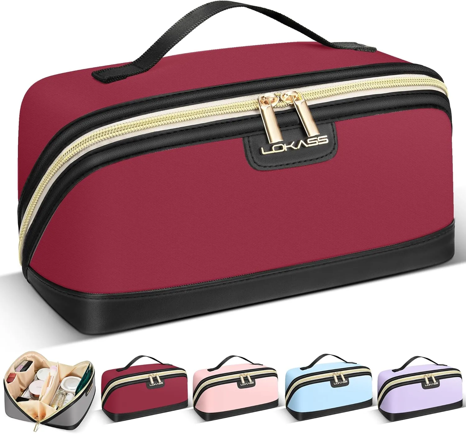 Stylish Travel Makeup Bag for Women - Large Capacity Waterproof PU & Cosmetic Organizer with Divider and Handle, Open Flat Toiletry Bag, Spring Break Essentials & Travel Accessories - Red