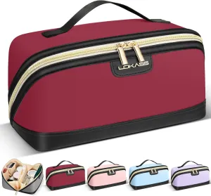 Stylish Travel Makeup Bag for Women - Large Capacity Waterproof PU & Cosmetic Organizer with Divider and Handle, Open Flat Toiletry Bag, Spring Break Essentials & Travel Accessories - Red