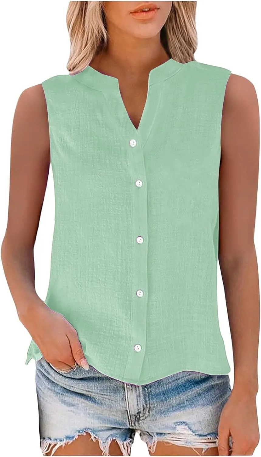 Summer Linen Sleeveless Button Down Shirts for Women Dressy Casual 2025 V Neck Plus Size Tank Tops Loose Blouses Trendy
