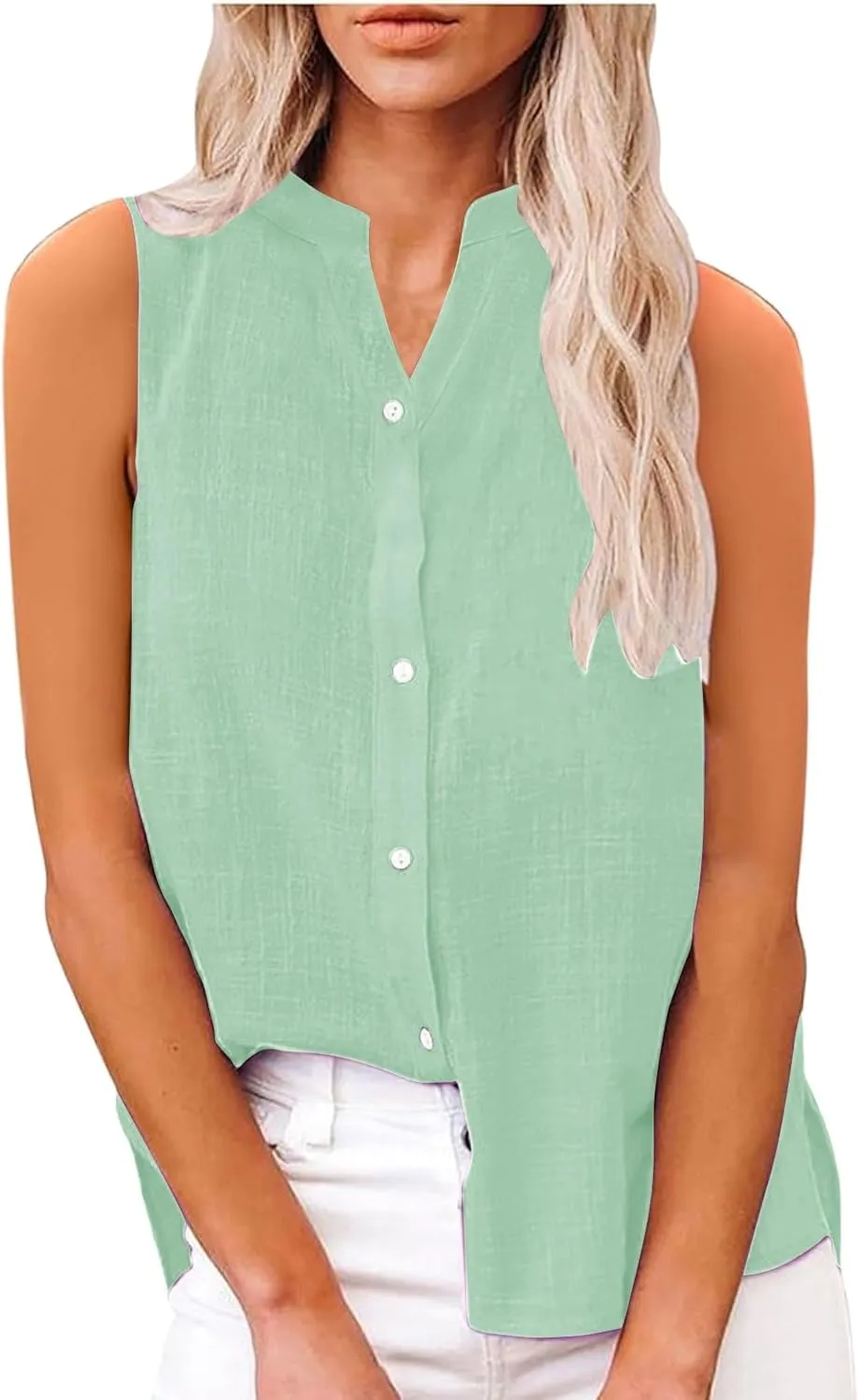 Summer Linen Sleeveless Button Down Shirts for Women Dressy Casual 2025 V Neck Plus Size Tank Tops Loose Blouses Trendy
