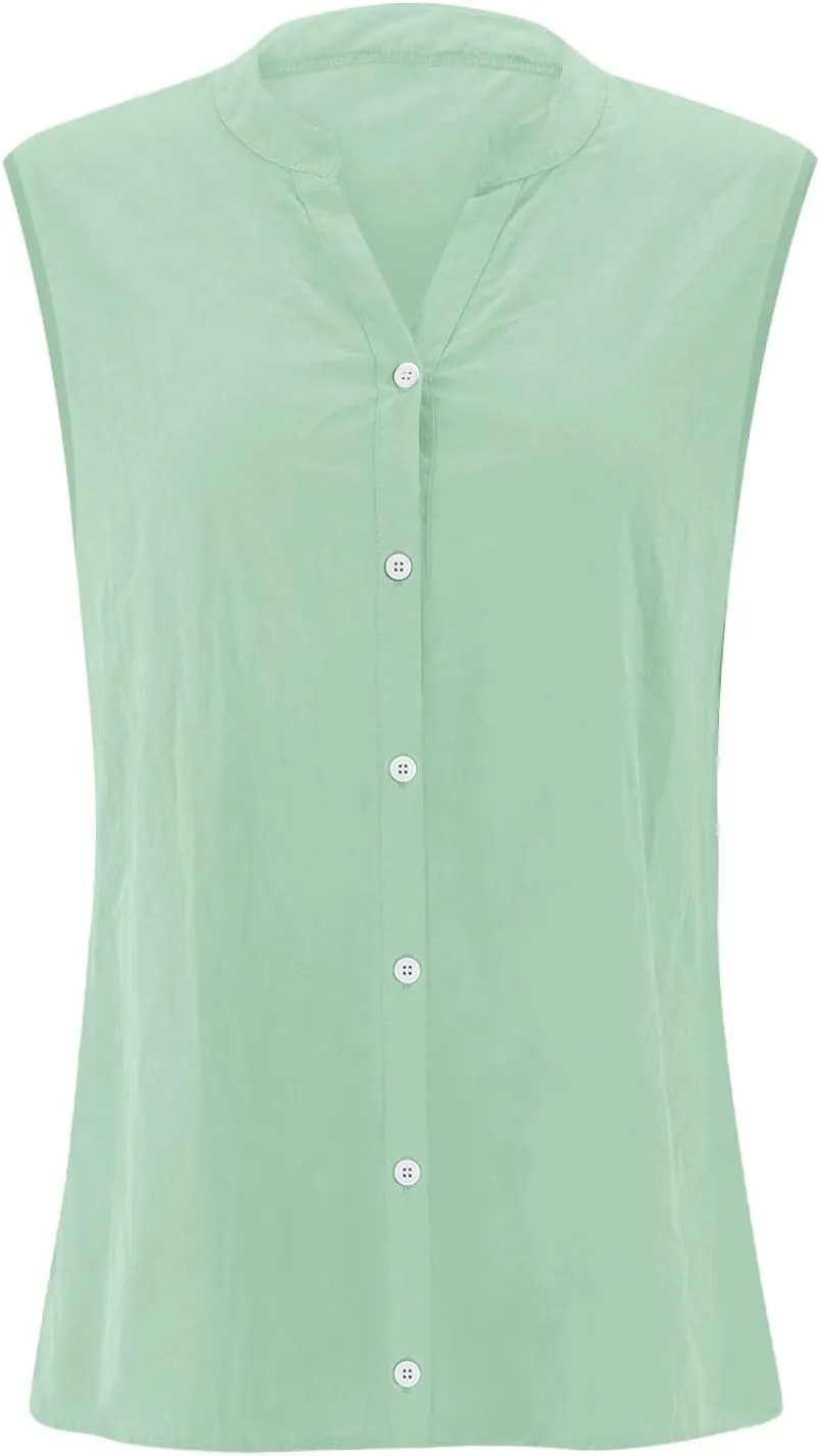 Summer Linen Sleeveless Button Down Shirts for Women Dressy Casual 2025 V Neck Plus Size Tank Tops Loose Blouses Trendy