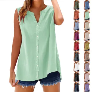 Summer Linen Sleeveless Button Down Shirts for Women Dressy Casual 2025 V Neck Plus Size Tank Tops Loose Blouses Trendy